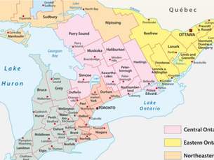 Carte de l’Ontario montrant les régions centrales, de l’Est et du Nord-Est, avec Ottawa, Toronto et les divisions régionales en couleurs.