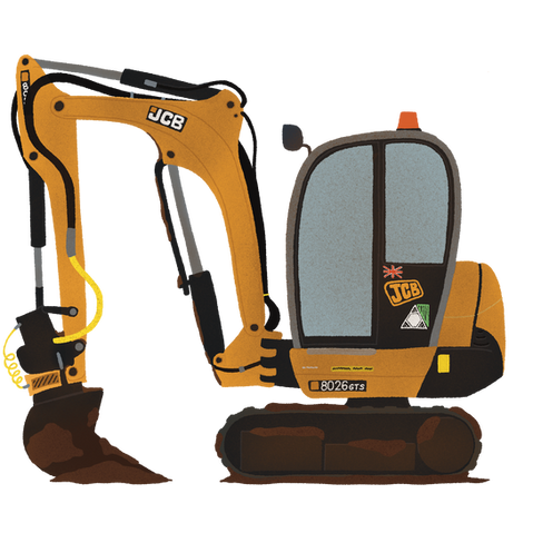 Children's illustration of a dirty yellow digger/ JCB covered in mud.