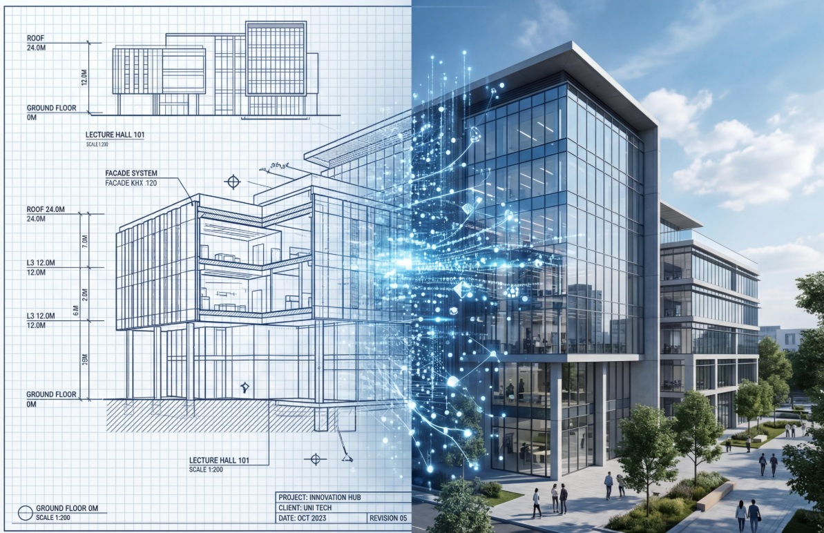 Conceptual illustration showing an architectural drawing transitioning into a completed contemporary building