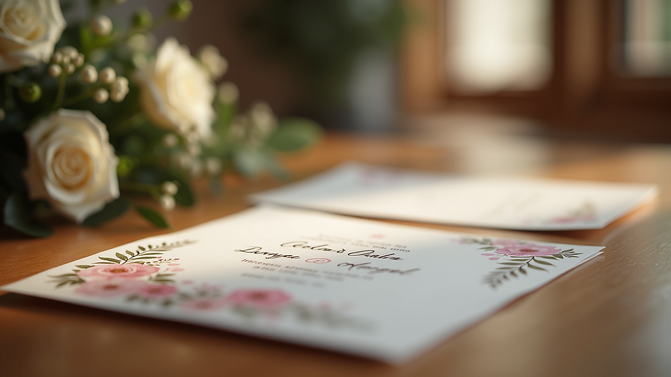 Eye-level view of a beautifully designed wedding invitation on a wooden table