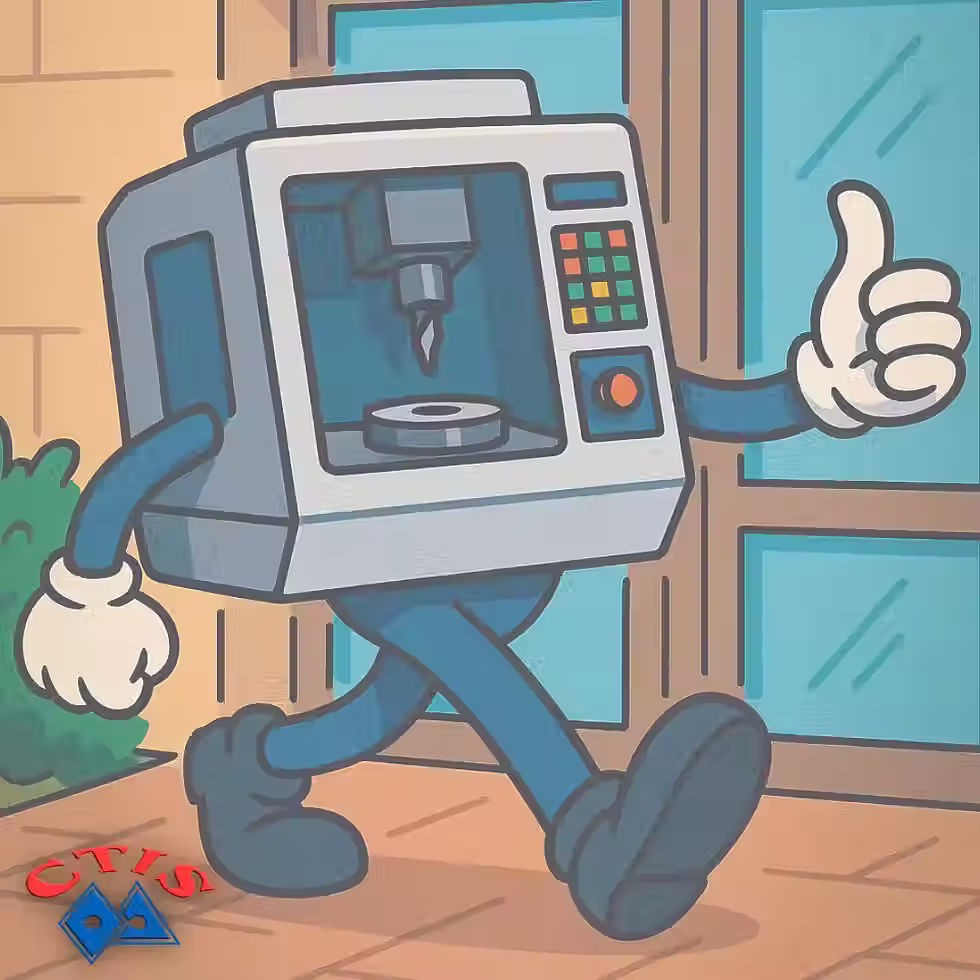 A cartoon CNC milling machine walks confidently out of the hospital giving a thumbs-up, representing restored tool performance after proper maintenance, regrinding, and optimized machining practices.