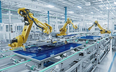 Advanced robotic arms assembling solar panels in a high-tech manufacturing facility, showcasing automation in modern production tools.