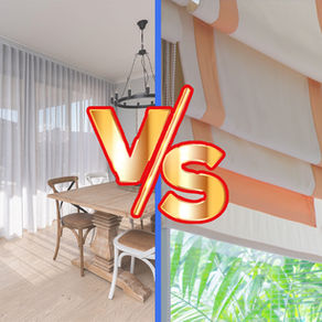 Side-by-side comparison of sheer curtains and fabric roman shades with a bold 'VS' graphic.