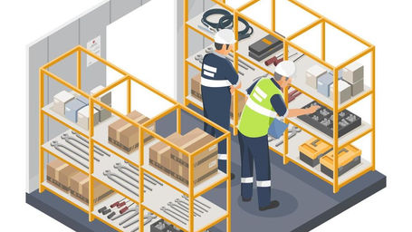 Illustration of industrial workers organizing tools and supplies in a structured tool crib system.