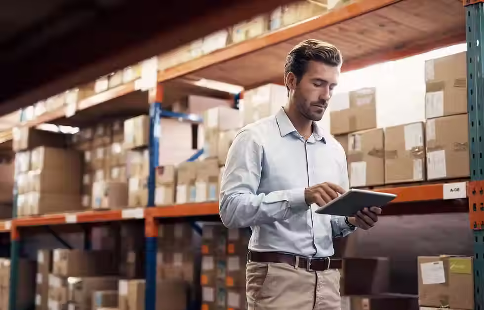 Warehouse manager reviewing vendor-managed inventory levels using a tablet in a storage facility.
