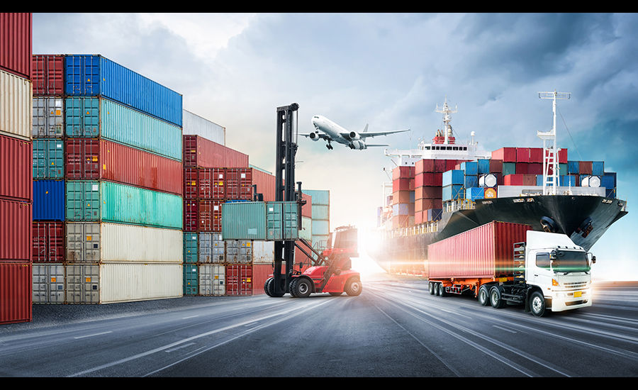 A global supply chain hub with shipping containers, a cargo ship, an airplane, and freight trucks representing international logistics.