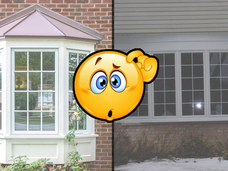 A side-by-side comparison of a bay window on the left and a bow window on the right, with a thinking emoji overlay.