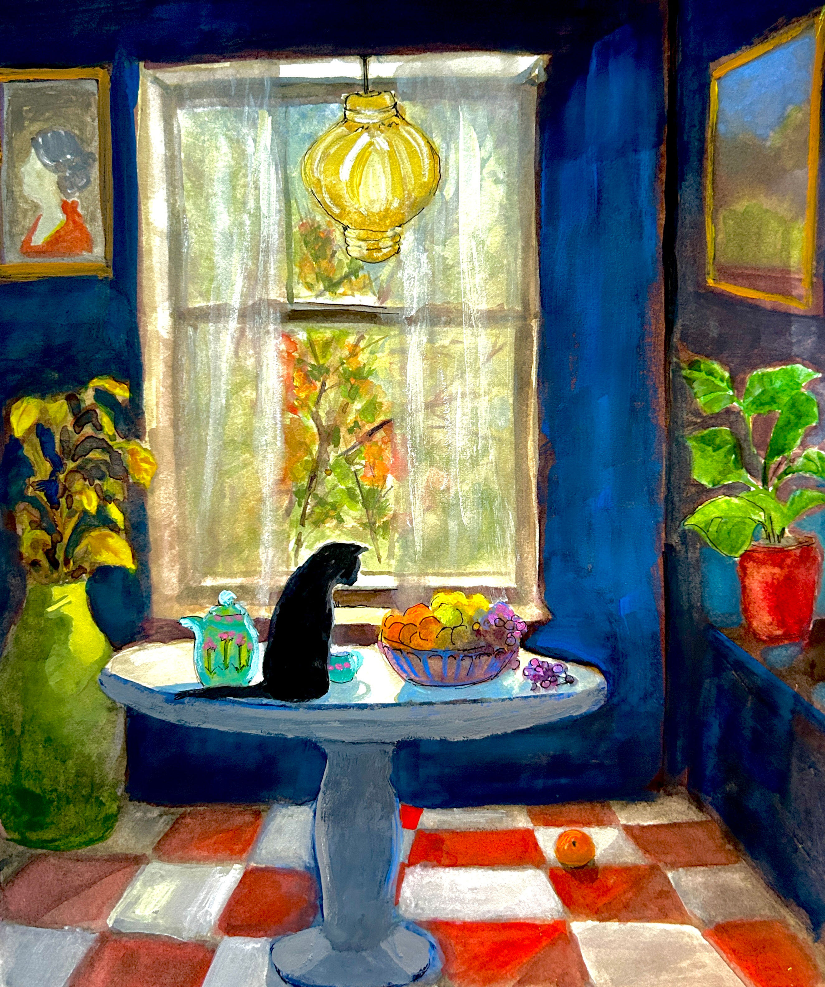 The black cat, the blue room and the orange. 