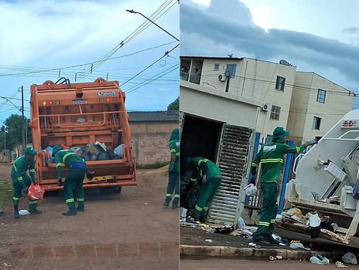 Fotos da coleta de lixo sendo realizada no primeiro dia de serviço, em Porto Velho.