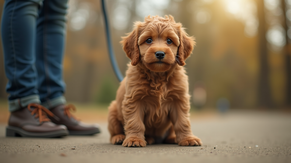 Eye-level view of a Cavapoo puppy sitting attentively during training
