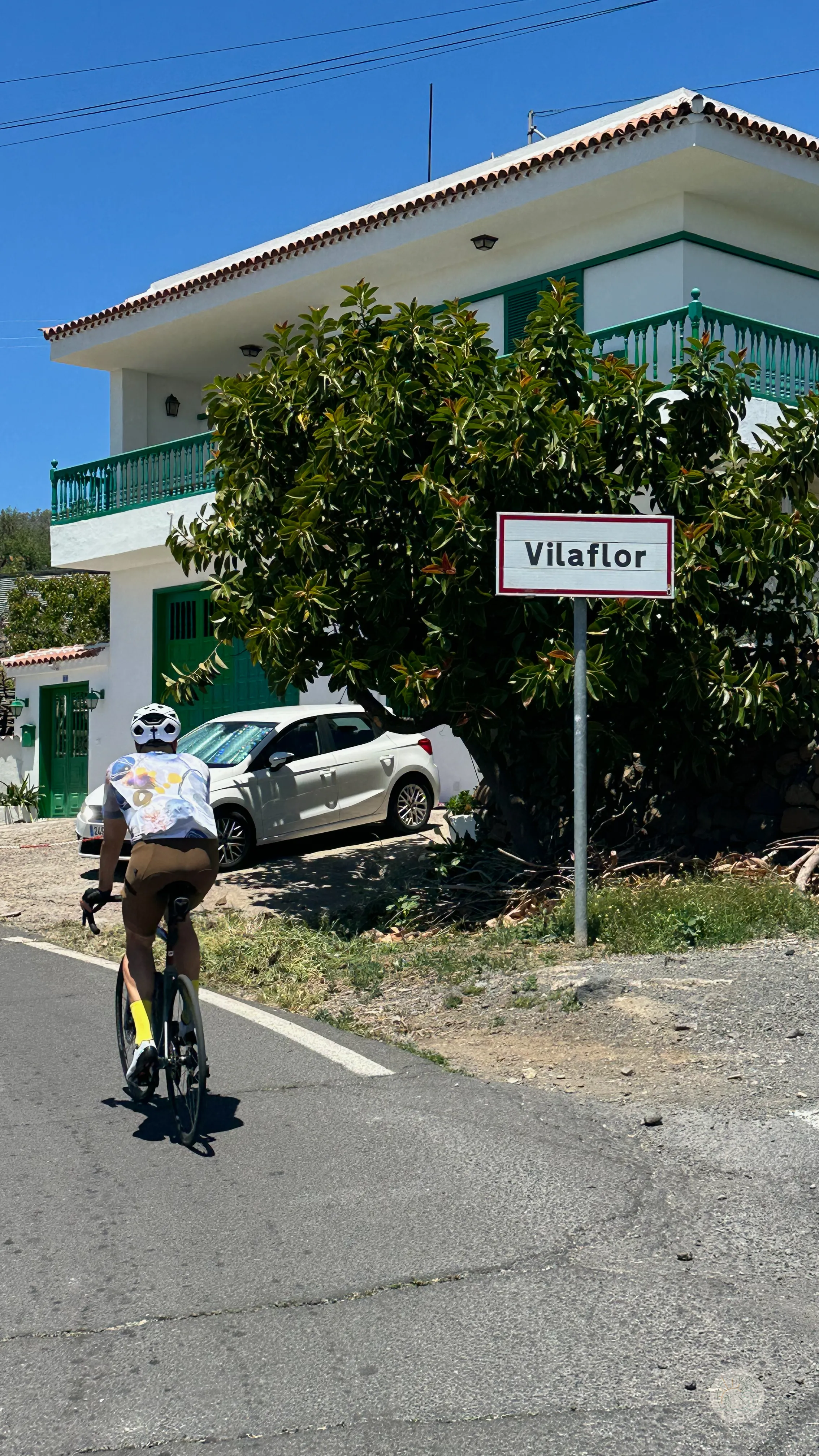 Rowerzysta w białym kasku i kolorowej koszulce, jadący na rowerze szosowym obok znaku miejscowości 'Vilaflor', z białym domem i drzewem w tle, podczas jazdy na Teneryfie.