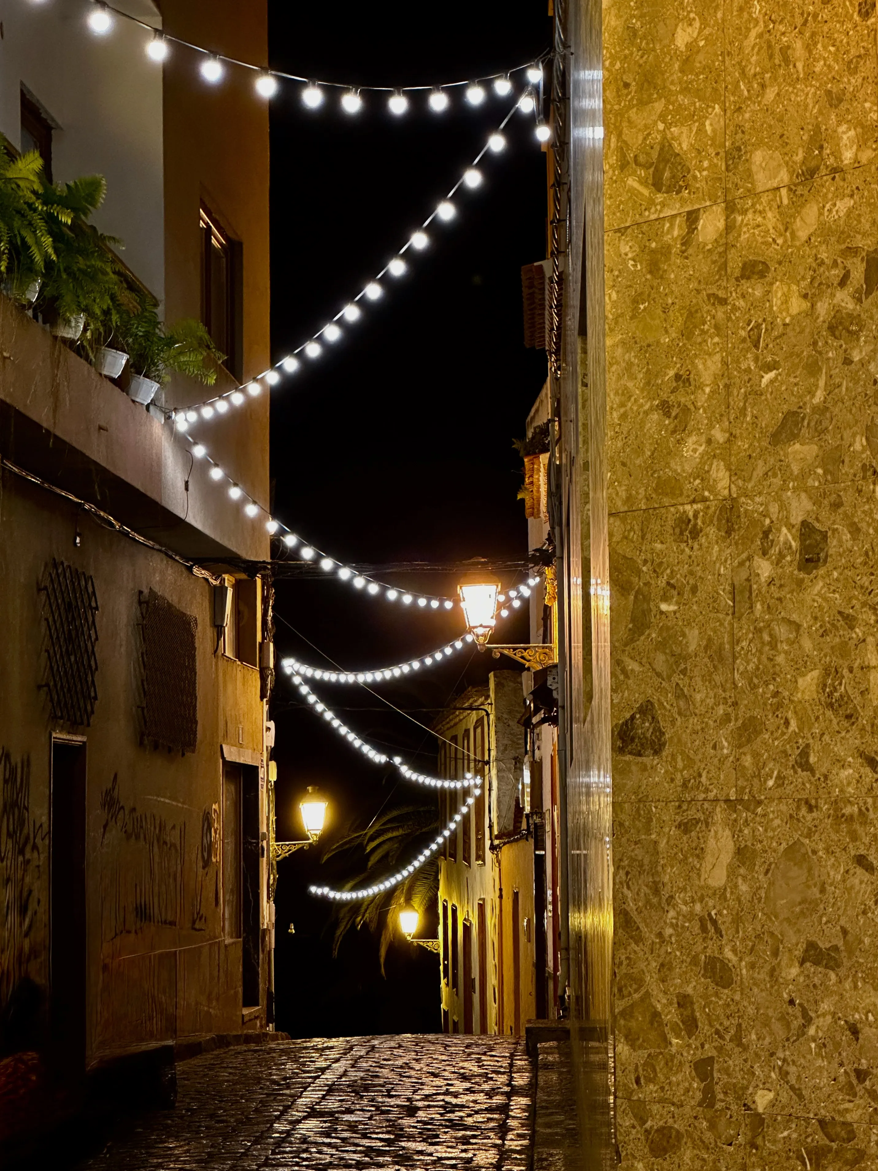 Papierowe gwiazdy, monstera i drewniane okiennice w bożonarodzeniowo udekorowanym wnętrzu tradycyjnego domu na Teneryfie