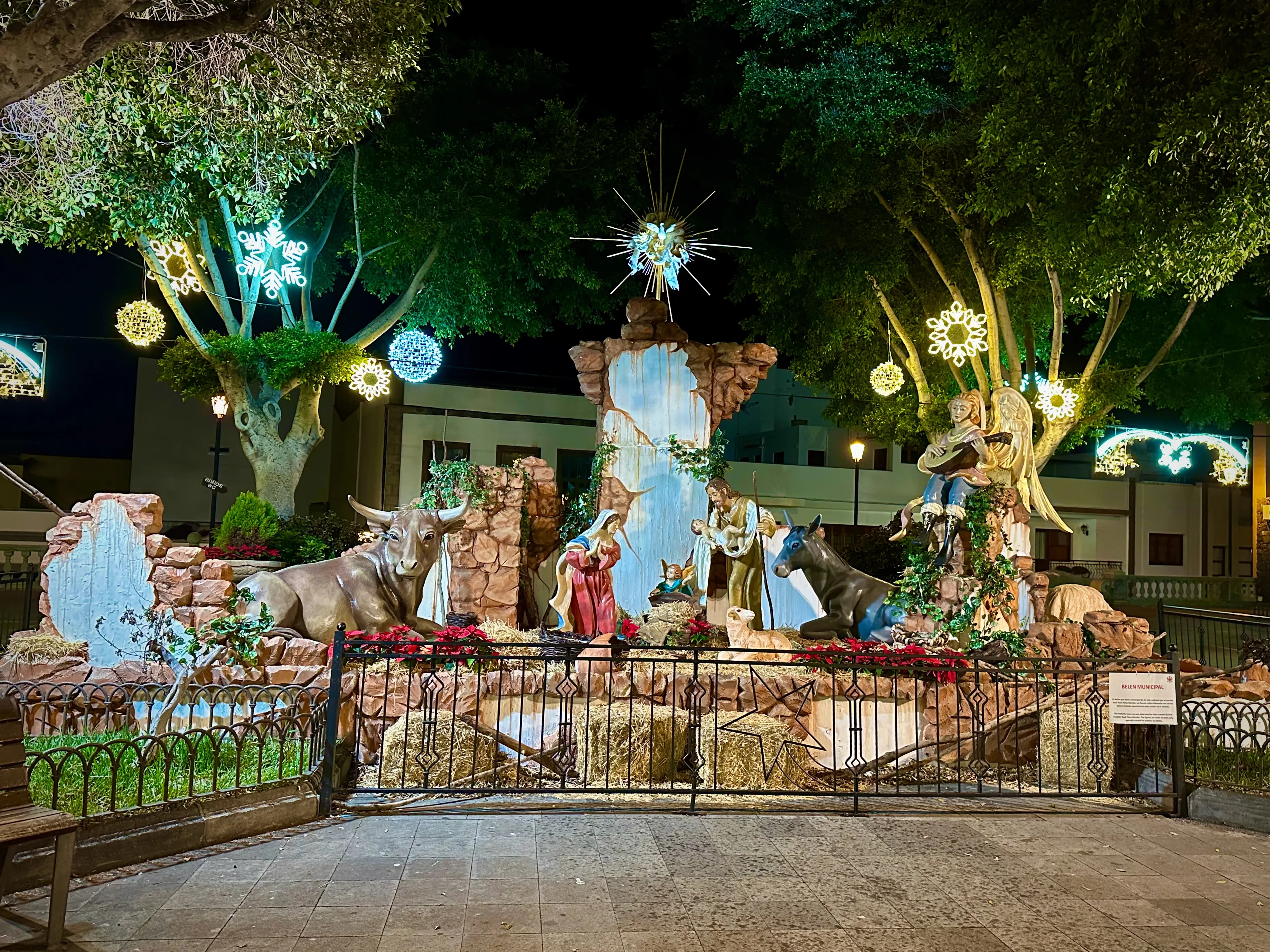 Duża zewnętrzna szopka bożonarodzeniowa ze Świętą Rodziną, wołem i osiołkiem na głównym placu miasteczka na Teneryfie