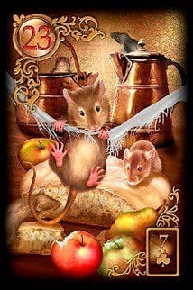 Un ratón con alas, panes y frutas; tarjeta número veintitrés, Reseña Oráculo Gilded Reverie Lenorman.