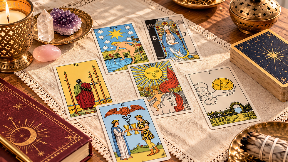 Lectura de Tarot Rider-Waite con cartas dispuestas sobre una mesa de tela beige, acompañadas de cristales, velas y detalles dorados en tonos cálidos.