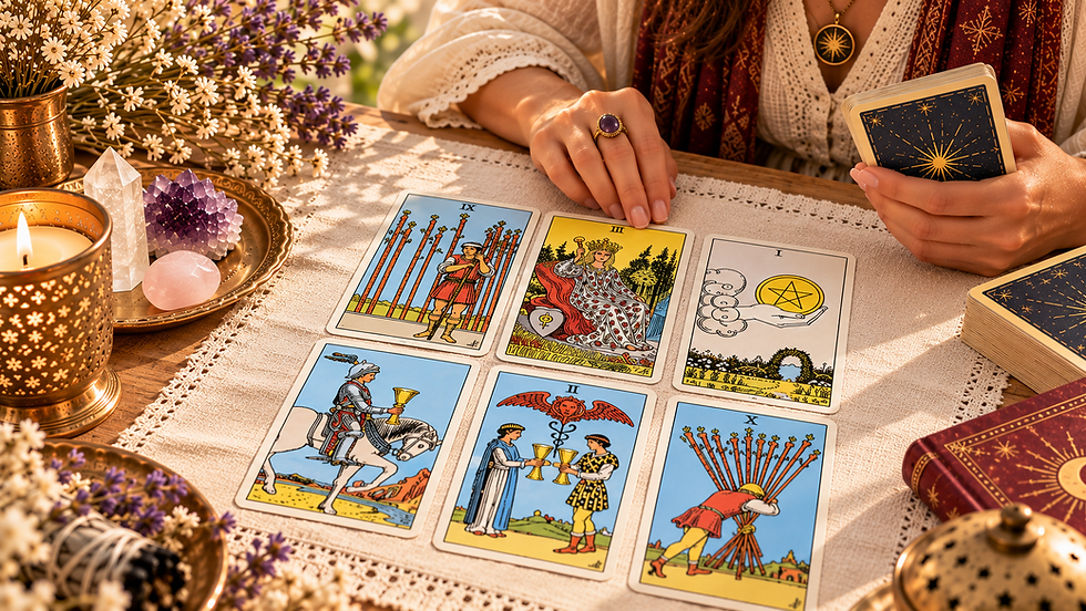 Lectura de Tarot con cartas Rider-Waite sobre una mesa iluminada por luz cálida, junto a una baraja, cristales, velas y un cuaderno burdeos.