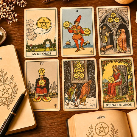 Palo de Oros del Tarot Rider-Waite con cartas y elementos asociados a la abundancia, estabilidad y materialización.