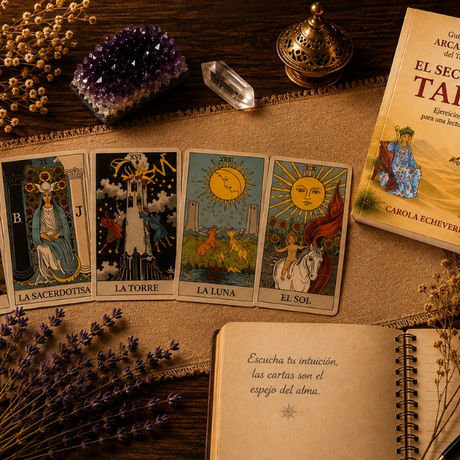 arcanos mayores tarot significado cartas el loco sacerdotisa torre luna sol con libro el secreto del tarot guia y cuaderno espiritual