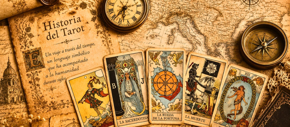 Tarot antiguo sobre mapa sepia: libro Historia del Tarot, brújula y cartas El Loco, La Sacerdotisa, La Rueda de la Fortuna, La Muerte y El Mundo.