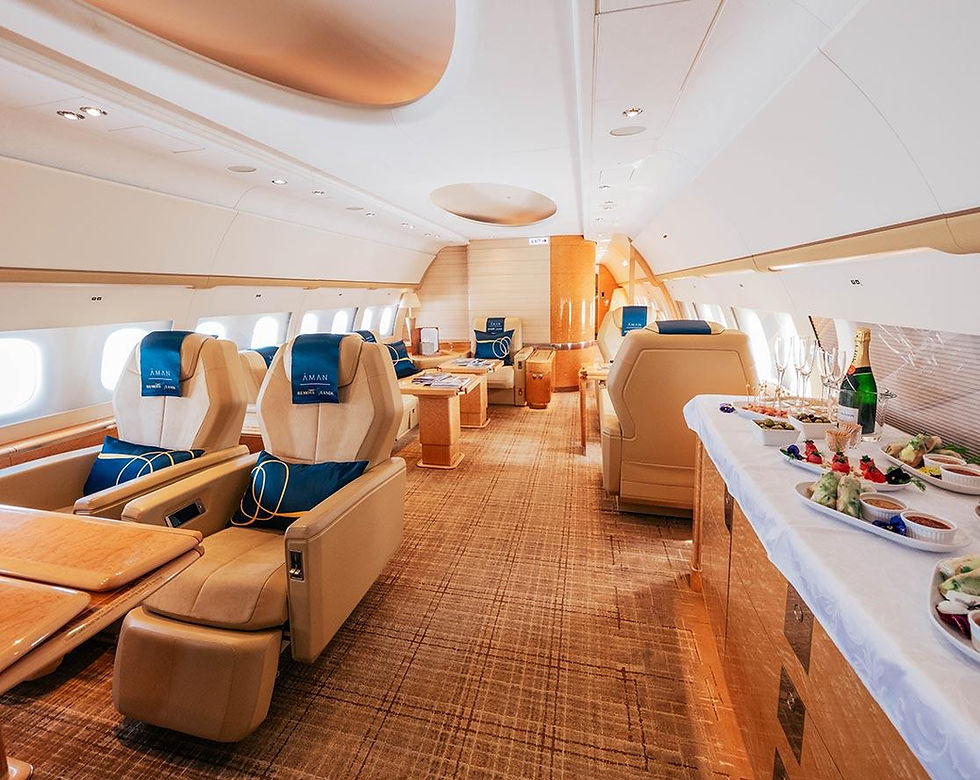 Private jet cabin with lounge seating used to illustrate Aman private jet expeditions