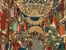 Illustration of Bond Street at Christmas, with illuminated crowns, shoppers and a decorated tree