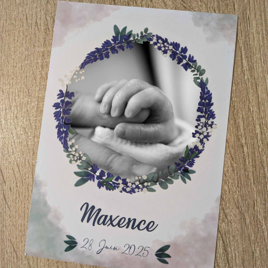 faire part de naissance personnalisé avec motifs naturels, dessin numerique unique et phot , informations de naissance