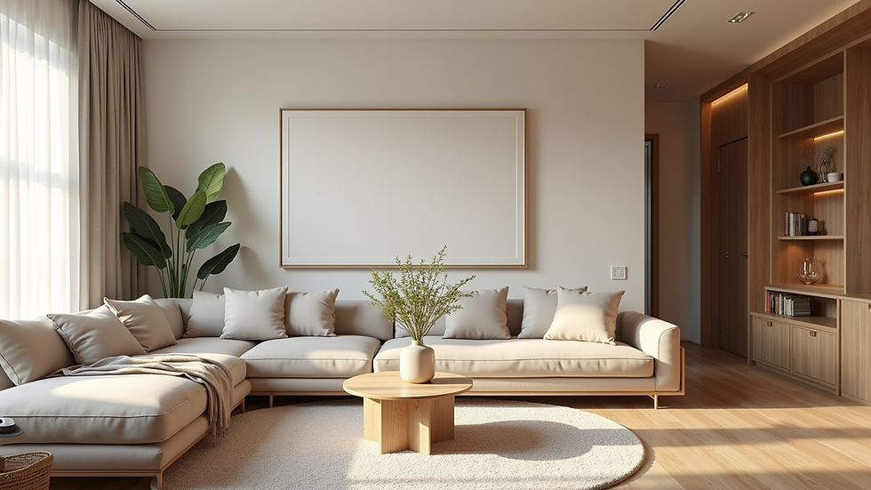Eye-level view of a modern living room with natural colors and open plan design