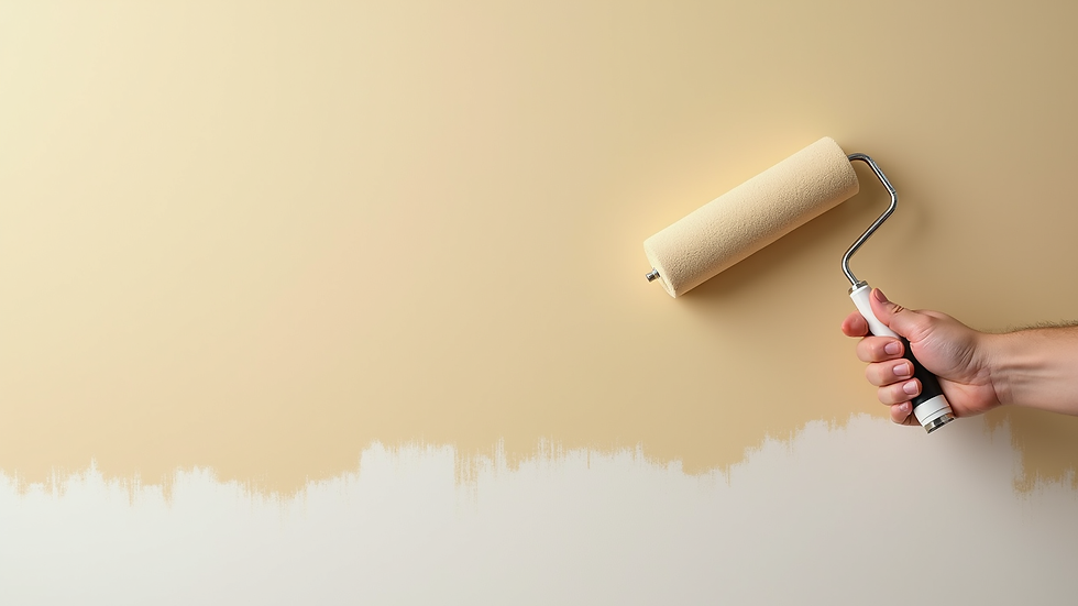 Close-up view of paint roller applying beige paint on wall