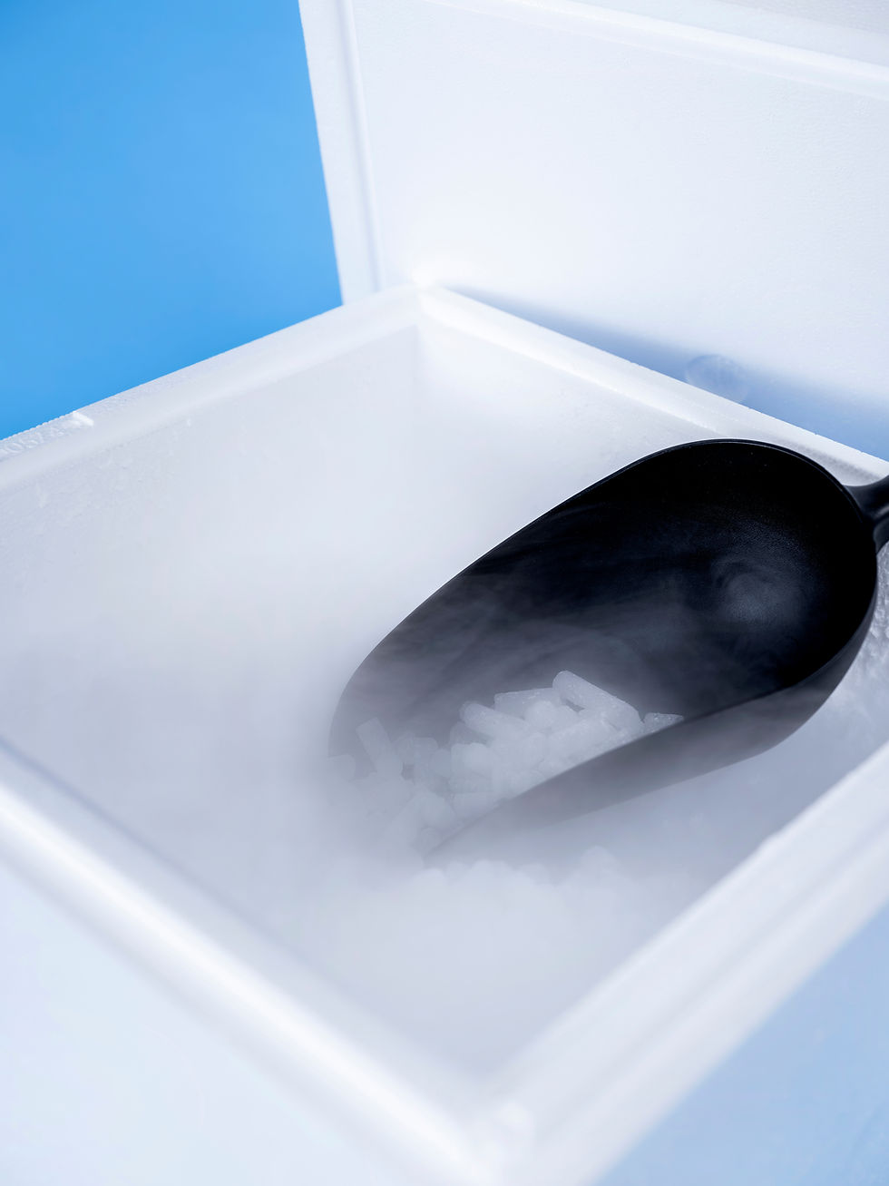 Eine schwarze Eisschaufel entnimmt kalte, dampfende Trockeneis-Pellets aus einem isolierten Styroporbehälter.