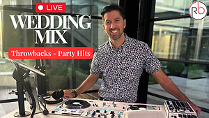 A smiling wedding DJ stands at his mixing desk in a modern studio with large windows. Overlay text reads: LIVE Wedding Mix. Throwbacks - Party Hits. Perfect for Melbourne events, with a red and white RB logo in the top right corner.
