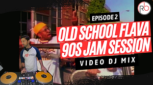 A DJ wearing headphones and a shirt that says I love rnb mixes music on a turntable. Bold text reads Episode 2 Old School Flava 90s Jam Session Video DJ Mix with a retro background—perfect for mixtapes or unforgettable weddings.