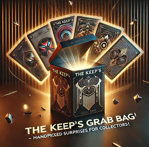 The Keep’s Grab Bag mystery box surrounded by glowing collectible cards with bold gold and black design.