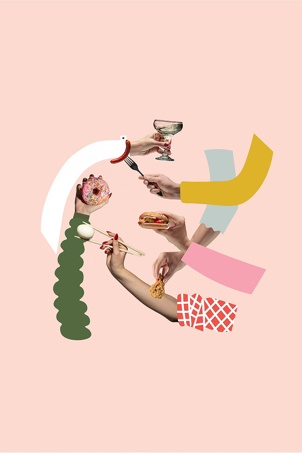 Illustration mit Essen, Trinken, Süßigkeiten