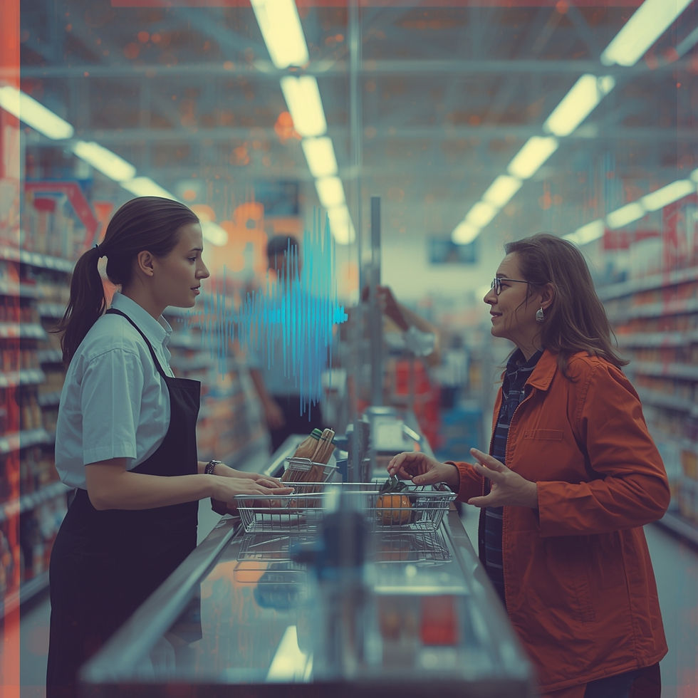 A cashier and a customer engage in a conversation at a supermarket checkout, with visible communication challenges due to the customer's hearing impairment.
