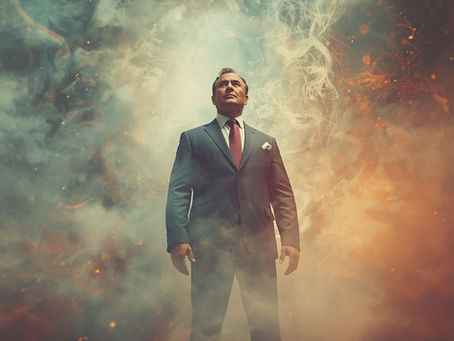 A low-angle, cinematic photograph of a man in a dark suit and red tie, standing confidently as he looks upward. He is surrounded by a dramatic and surreal swirl of cosmic clouds and smoke. A bright, ethereal light shines down on him from above, while the background is filled with a fiery orange glow with sparks on the right and cool blue tones on the left.