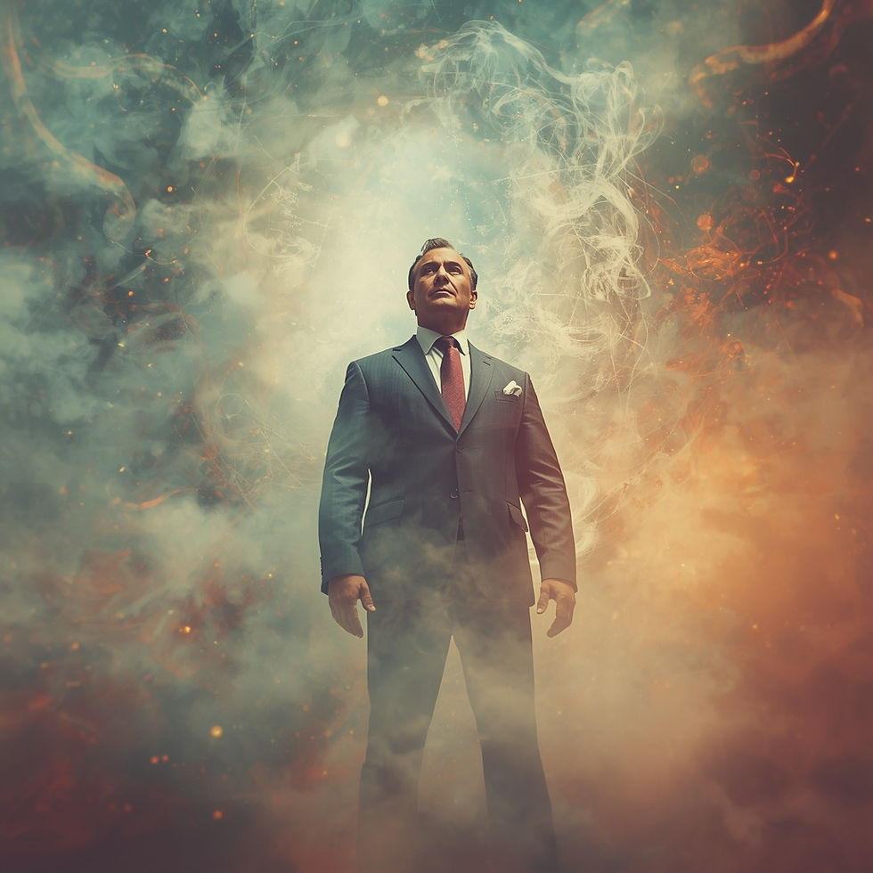 A confident man in a suit stands amidst swirling clouds of smoke and light, exuding power and determination.