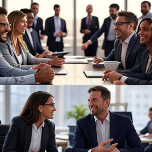 A two-panel image showing positive interactions in a professional office setting. Top panel: A diverse group of business professionals are smiling and laughing together while seated around a large conference room table. Bottom panel: A man and a woman in business suits are engaged in a friendly one-on-one conversation, smiling warmly at each other.
