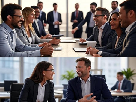A two-panel image showing positive interactions in a professional office setting. Top panel: A diverse group of business professionals are smiling and laughing together while seated around a large conference room table. Bottom panel: A man and a woman in business suits are engaged in a friendly one-on-one conversation, smiling warmly at each other.