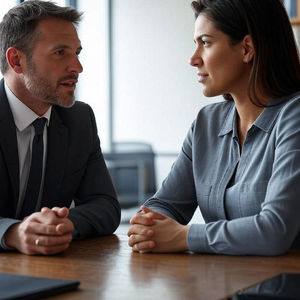A man and a woman in business attire are sitting across from each other at a wooden table, engaged in a serious one-on-one conversation in an office setting.