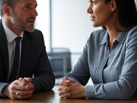 A man and a woman in business attire are sitting across from each other at a wooden table, engaged in a serious one-on-one conversation in an office setting.