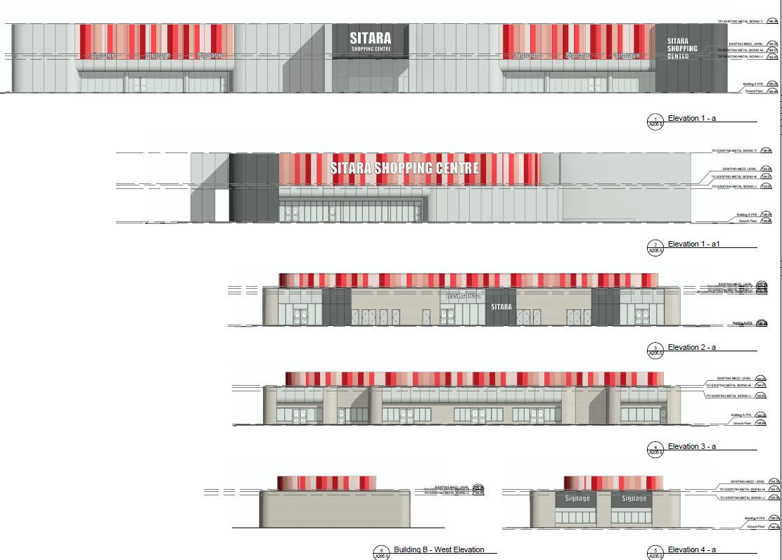 Z Square Group. The image depicts a shopping center with various elevations and sections, including the front elevation, side elevation, and rear elevation. There are also sections for signage and building B-west elevation. The shopping center appears to have a modern and sleek design, with red and white stripes on the facade.