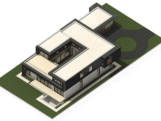 Toronto custom home design build project by Nestwood Home, Powered by Z Square Group. The image depicts a 3D rendering of a modern, two-story house with a flat roof and a large window on the front facade. The house is surrounded by a green lawn and has a small patio area in front of the entrance. There are also two cars parked in the driveway.
