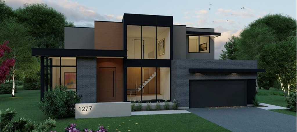 Toronto custom home design build project by Nestwood Home, Powered by Z Square Group. The image depicts a modern, two-story house with a sleek, contemporary design. The exterior features large windows, a large garage, and a sloping roof with a skylight. The house is surrounded by lush greenery and trees, creating a serene and picturesque setting.