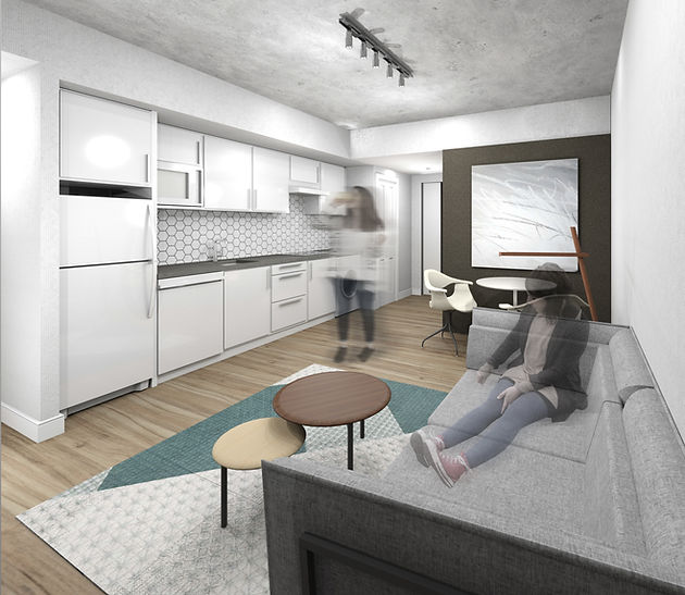 Z Square Group. The image depicts a modern apartment with a living room, kitchen, and a bedroom. The living room features a gray couch, a coffee table, and a television. The kitchen has white cabinets, a dining table, and a refrigerator. The bedroom has a bed, a nightstand, and a window.