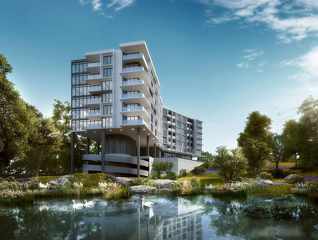 Z Square Group. The image depicts a modern apartment building situated near a serene lake surrounded by lush greenery. The building features multiple levels with balconies and a rooftop terrace, providing ample outdoor space for residents to enjoy. The architecture of the building is sleek and contemporary, with clean lines and a minimalist aesthetic. The presence of the lake adds a touch of natural beauty to the surroundings, creating a peaceful and tranquil atmosphere.