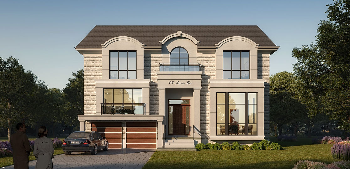 Toronto custom home design build project by Nestwood Home, Powered by Z Square Group. The image depicts a modern two-story house with a garage, located in a residential area surrounded by trees and grass. The house features large windows, a front porch, and a balcony on the second floor. The exterior walls are made of brick and the roof is covered with shingles.