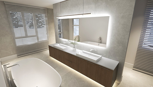 Toronto custom home design build project by Nestwood Home, Powered by Z Squier Group. The image depicts a modern bathroom with a large mirror above a double sink vanity. The sink is made of white porcelain and has a chrome faucet. The bathroom also features a large bathtub with a white porcelain surround and a chrome faucet. The room is illuminated by natural light coming through large windows with wooden shutters.
