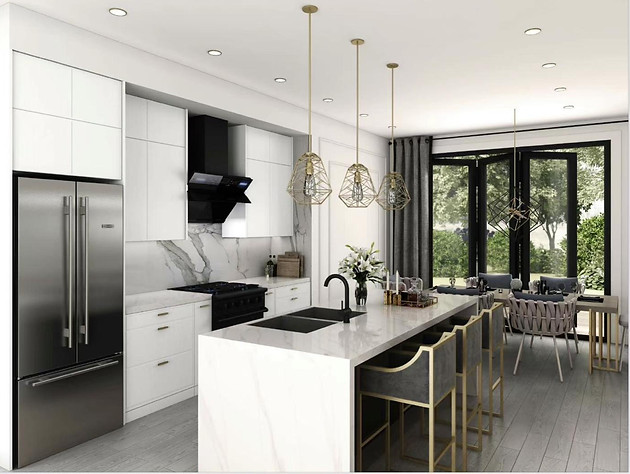 Z Square Group. The image depicts a luxurious and well-designed interior space, featuring a modern kitchen with a large island, a dining area with a table and chairs, and a living room with a comfortable seating arrangement. The room is adorned with various decorative elements, such as a chandelier and a large mirror, which contribute to the overall elegance and sophistication of the space.