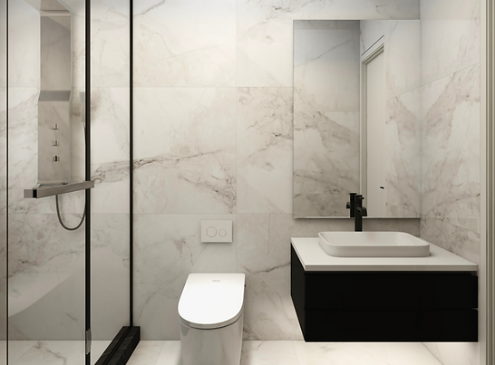 Toronto custom home design build project by Nestwood Home, Powered by Z Square Group. The image depicts a modern bathroom with a white toilet, a black sink, and a marble-patterned wall. The bathroom has a glass shower enclosure and a mirror on the wall.