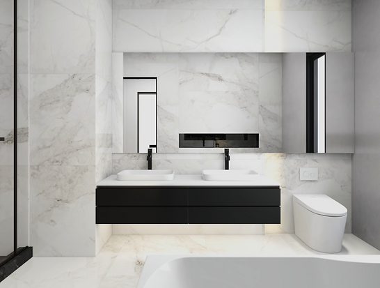 Toronto custom home design build project by Nestwood Home, Powered by Z Square Group. The image depicts a modern bathroom with a marble-clad wall and floor. The bathroom features a double sink vanity, a bathtub, and a toilet. The sink and bathtub are positioned on opposite sides of the room, while the toilet is located in a separate area. The bathroom also has a large mirror above the sink and a large window providing natural light. The overall design of the bathroom is sleek and sophisticated, with a focus on clean lines and minimalist aesthetics.